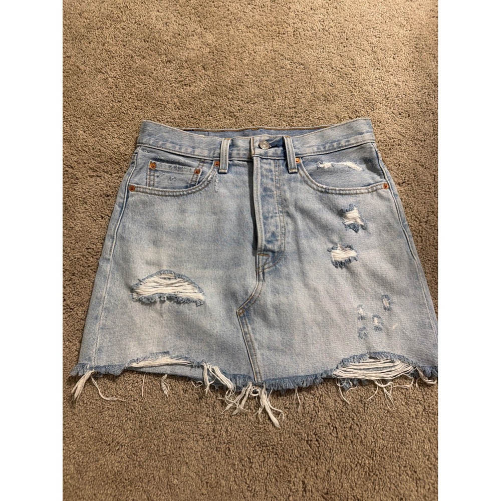 Levis 501 Original Deconstructed Denim Mini Skirt Light Wash Distressed Blue